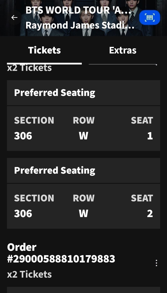 BTS WORLD TOUR 'Arirang' Tickets 04/28/2026 Tampa Sec 306 Row W