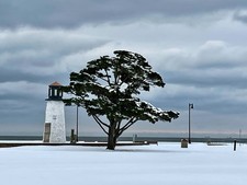 Snowy Winter Lighthouse Photography Calm Cloudy Wall Art Buckroe Beach