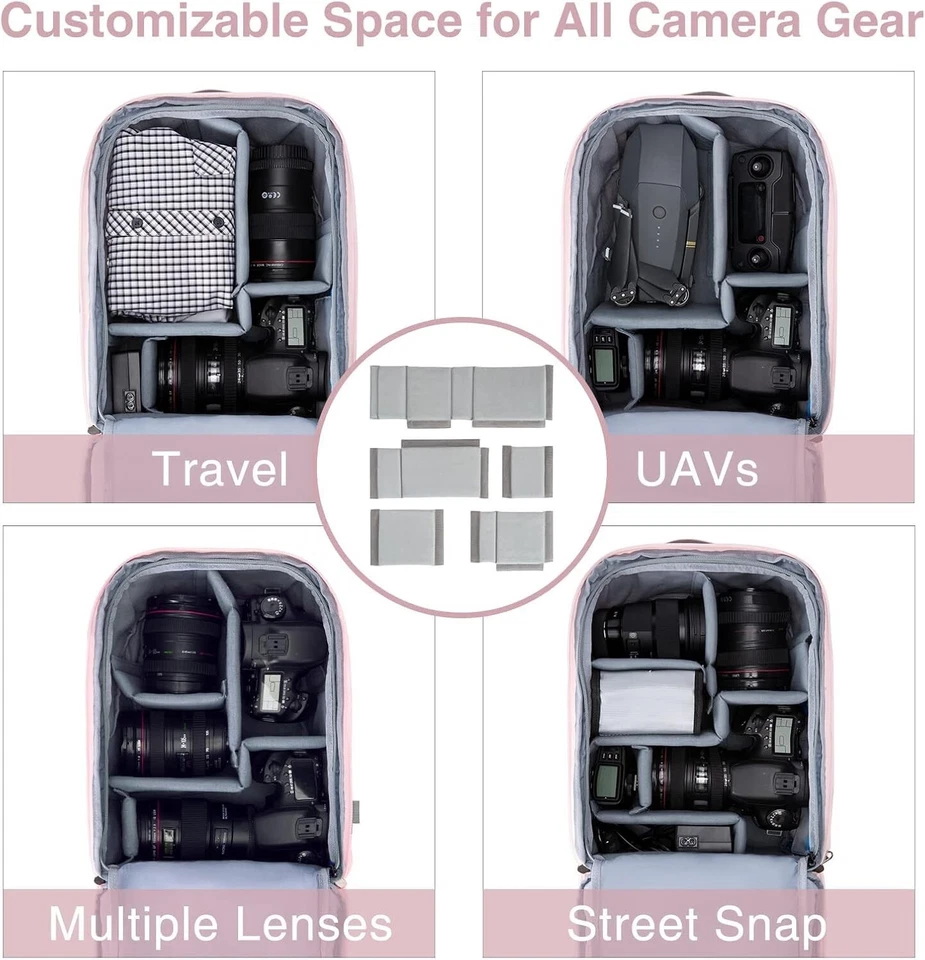 Сумка-рюкзак Bagsmart для однообъективного зеркального фотоаппарата розовая с дождевым чехлом против кражи  - Изображение 2 из 4