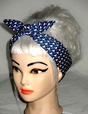 Navy blue and white flamingo headband bandana head scarf dolly