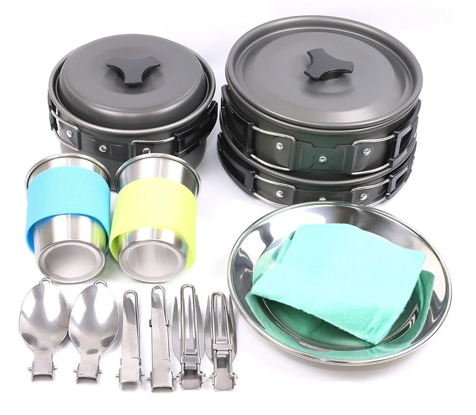 Kit de desorden de utensilios de cocina de camping de 16 piezas, juego de sartenes antiadherentes con tazas platos Foto 2 de 4