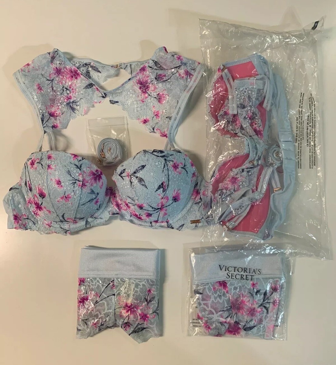 NEW Victoria's Secret PINK Date Push Up Bra 32C & Panty Set Blue