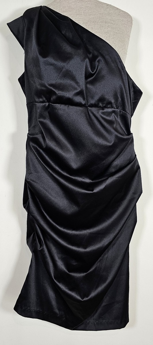 Sally USA Black Satiny Cocktail One-Shoulder Dress, Sz X large Sally USA Black Satiny Cocktail One-Shoulder Dress, Sz X large