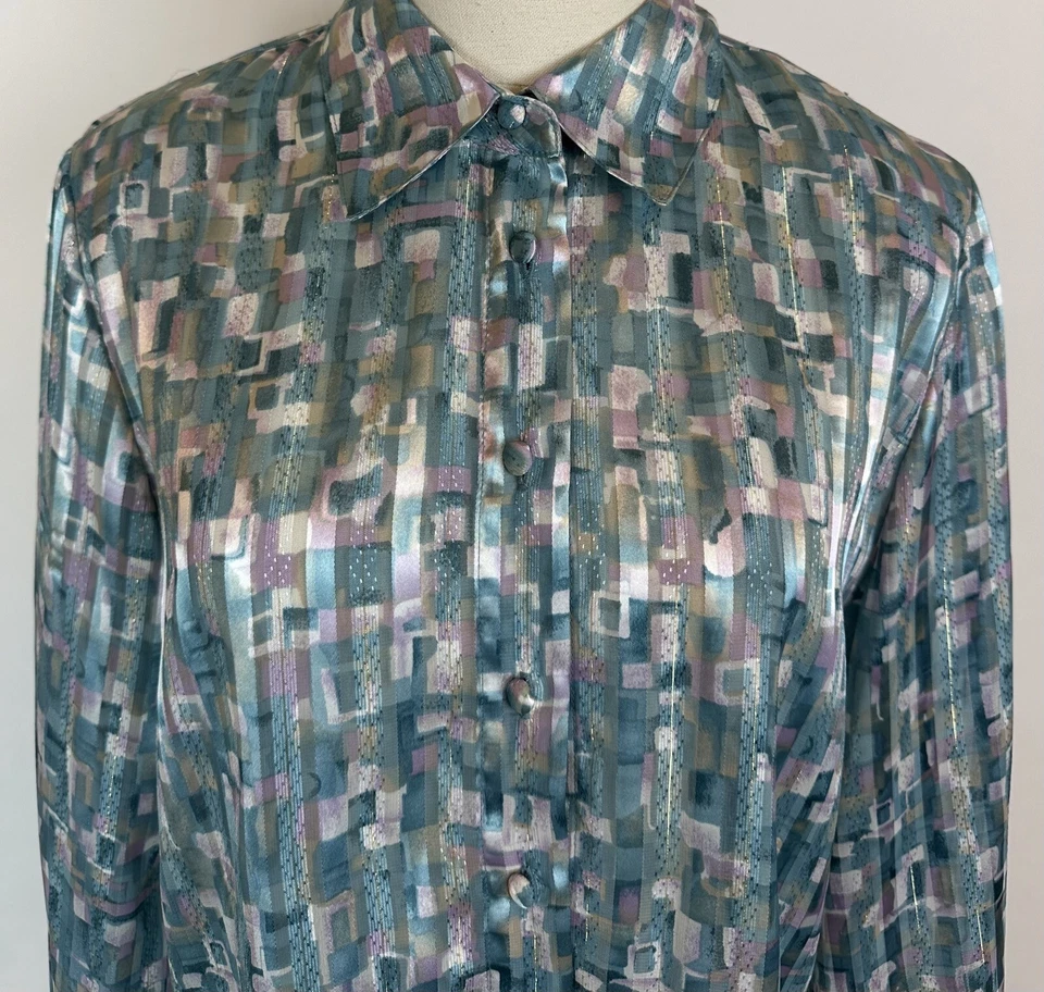 Blusa Secretary Vintage Mujer Mediana Transparente Satén Rayas Jacquard Verde azulado Años 80 90  Foto 2 de 4