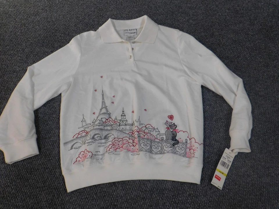 Alfred Dunner Top Mediano Blanco Ciudad Jersey Polo Mujer Gráfico Gatos Botón Foto 2 de 4