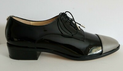 Jimmy Choo WERNER Black Patent Grey Leather Cap Toe OXFORDS EU 38.5 I LOVE SHOES