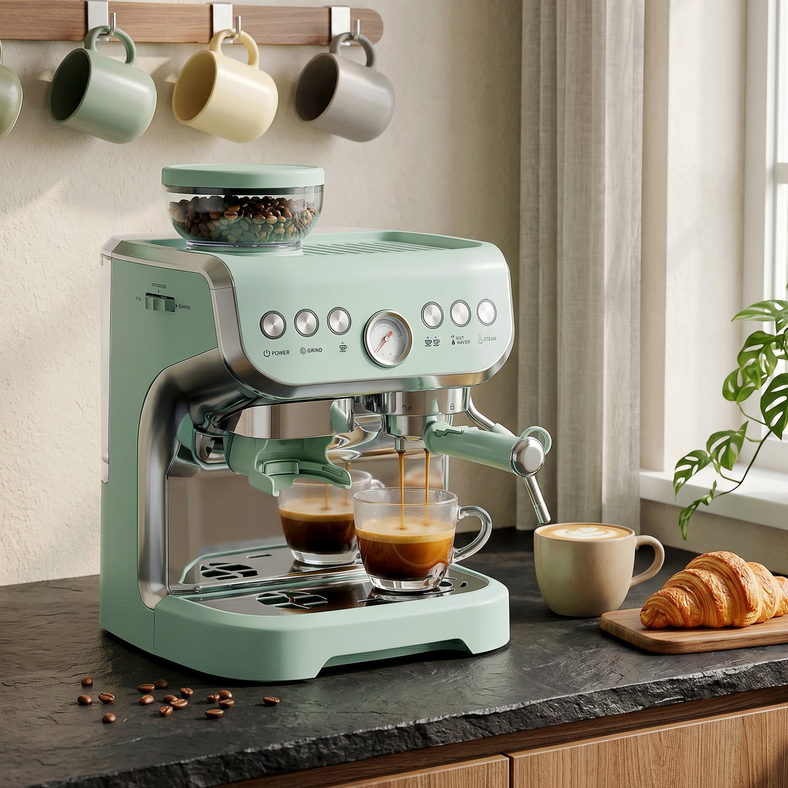 HOMCOM Macchina da Caffè Espresso, Macina Fagioli e Bacchetta a Vapore, Ricondizionata a Pressione 15 Bar