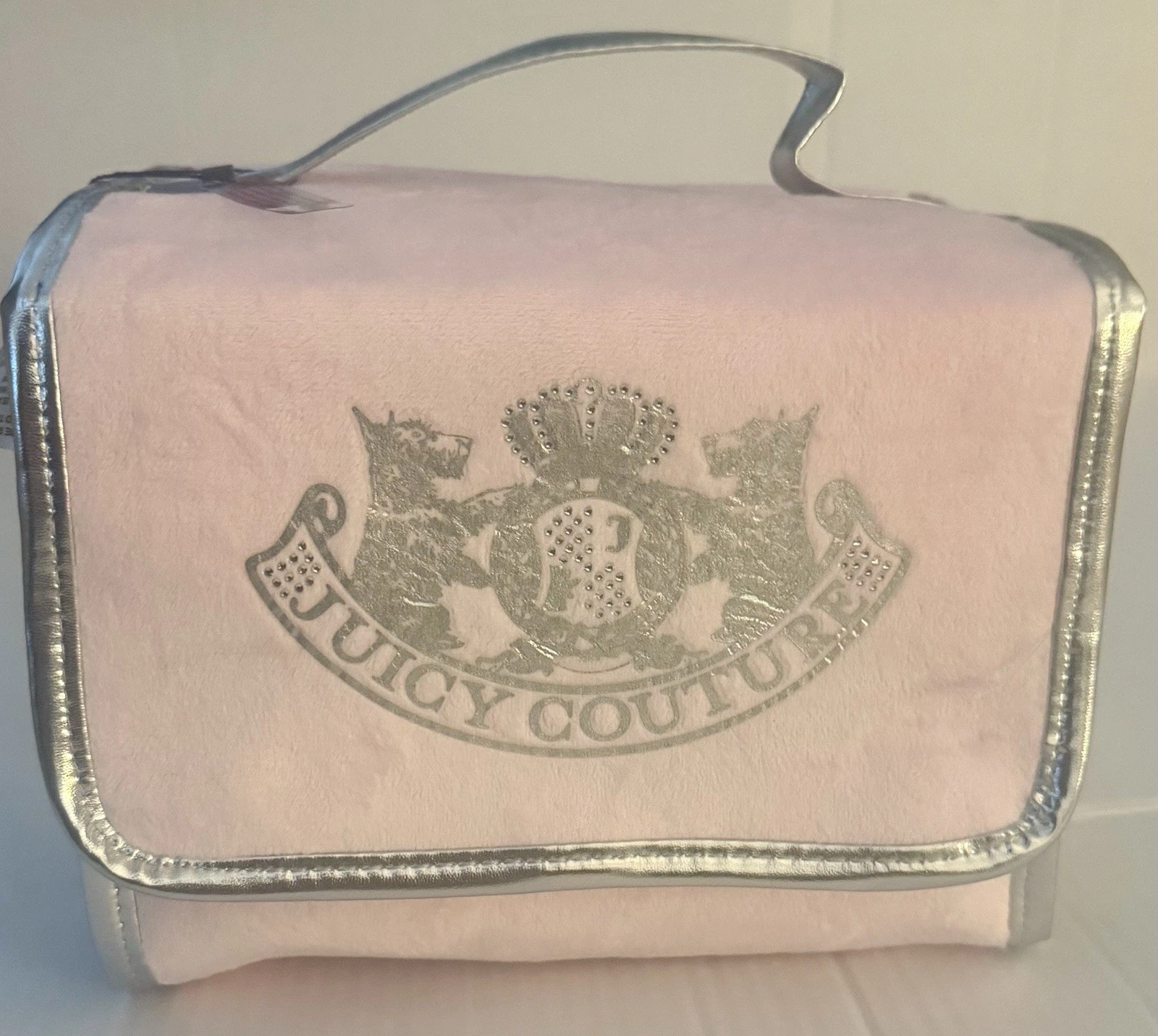 Juicy Couture Hanging Travel Cosmetic Bag Organizer Pink Silver NWT