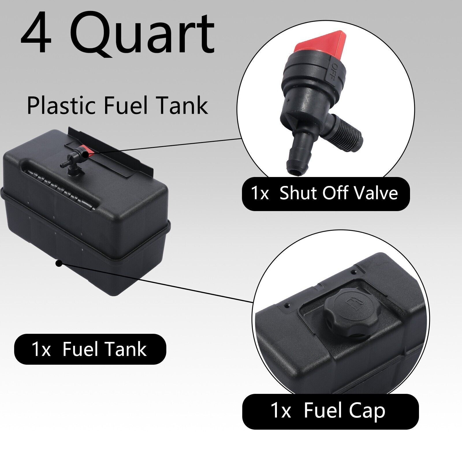 4 Quart Fuel Gas Tank w/ Cap & Shut-Off Valve Fit for Briggs & Stratt BS493337