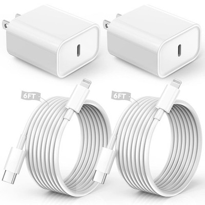 20W USB-C Fast Charger Adapter 2-Pack with 6FT Cable for iPhone 14/13