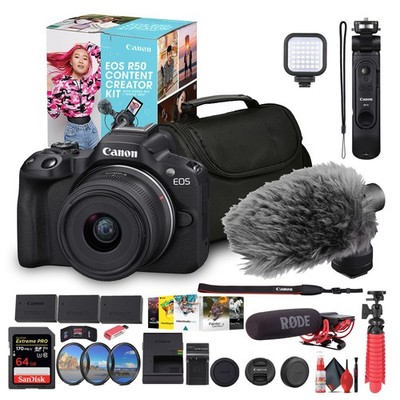 Canon EOS R50 Content Creator Kit 18-45mm Lens Black + Mic + 2x Battery Bundle