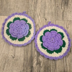 Handmade Crochet Floral Pot Holders Set Of 2 Purple White Round Kitchen Decor