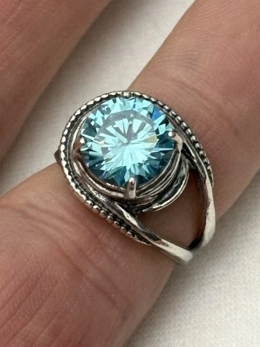 Vintage artisan Signed IL 925 Sterling Silver 3.5ct Blue Topaz Ring Sz6.25, 7.2g