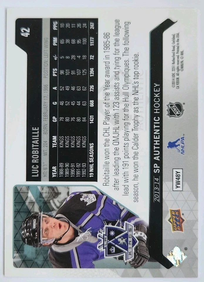 Luc Robitaille Signed 2013-14 Upper Deck SP Authentic Hockey card #42 Autograph - Image 2 of 2