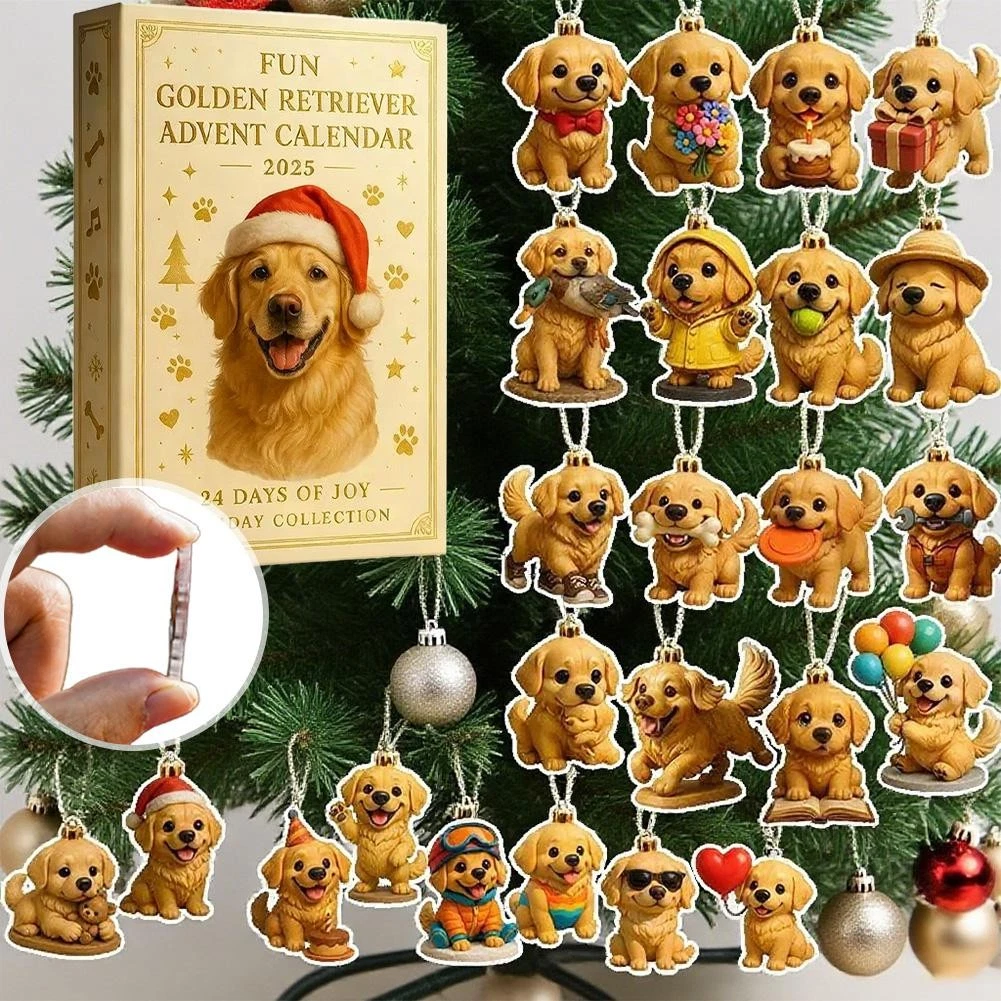 2D Fun Golden Retriever Advent Calendar 2025, 24Day Dog Ornaments Christmas