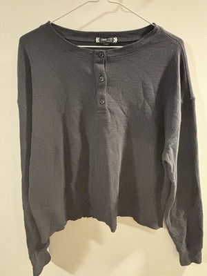 C est Moi Waffle Knit Henley Top Black S/M Long Sleeve Button Casual 