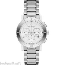 NEW BURBERRY CITY SILVER TONE CHRONOGRAPH DATE SAPPHIRE WHITE DIAL WATCH BU9700