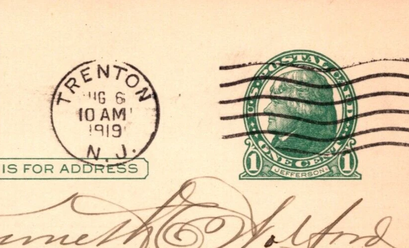 c1914 UX27 US Postal Card Jefferson 1c 'Recieved Your Gift' TRENTON NJ - Image 2 of 3