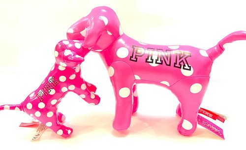 2PC Victorias Secret Pink POLKA DOT Mini Giant Dog MOM & BABY TOUR BUS BRAND NEW - Picture 1 of 12