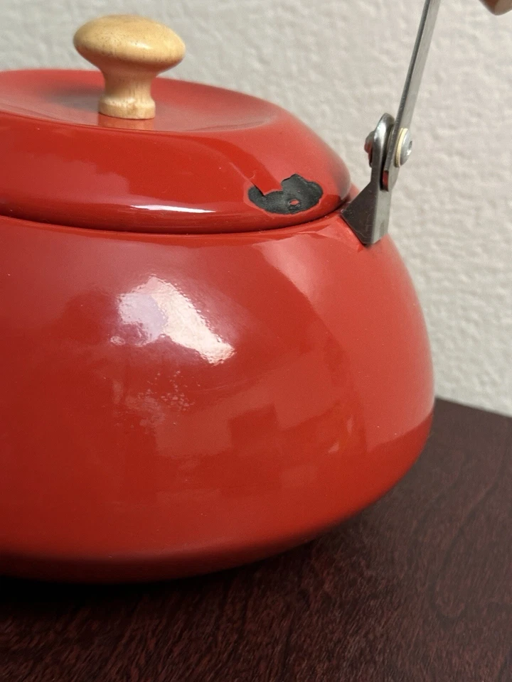 Vintage Mid Century Scandinavian Danish Red Enamel Tea Kettle Teapot Wood Handle - Image 3 of 4