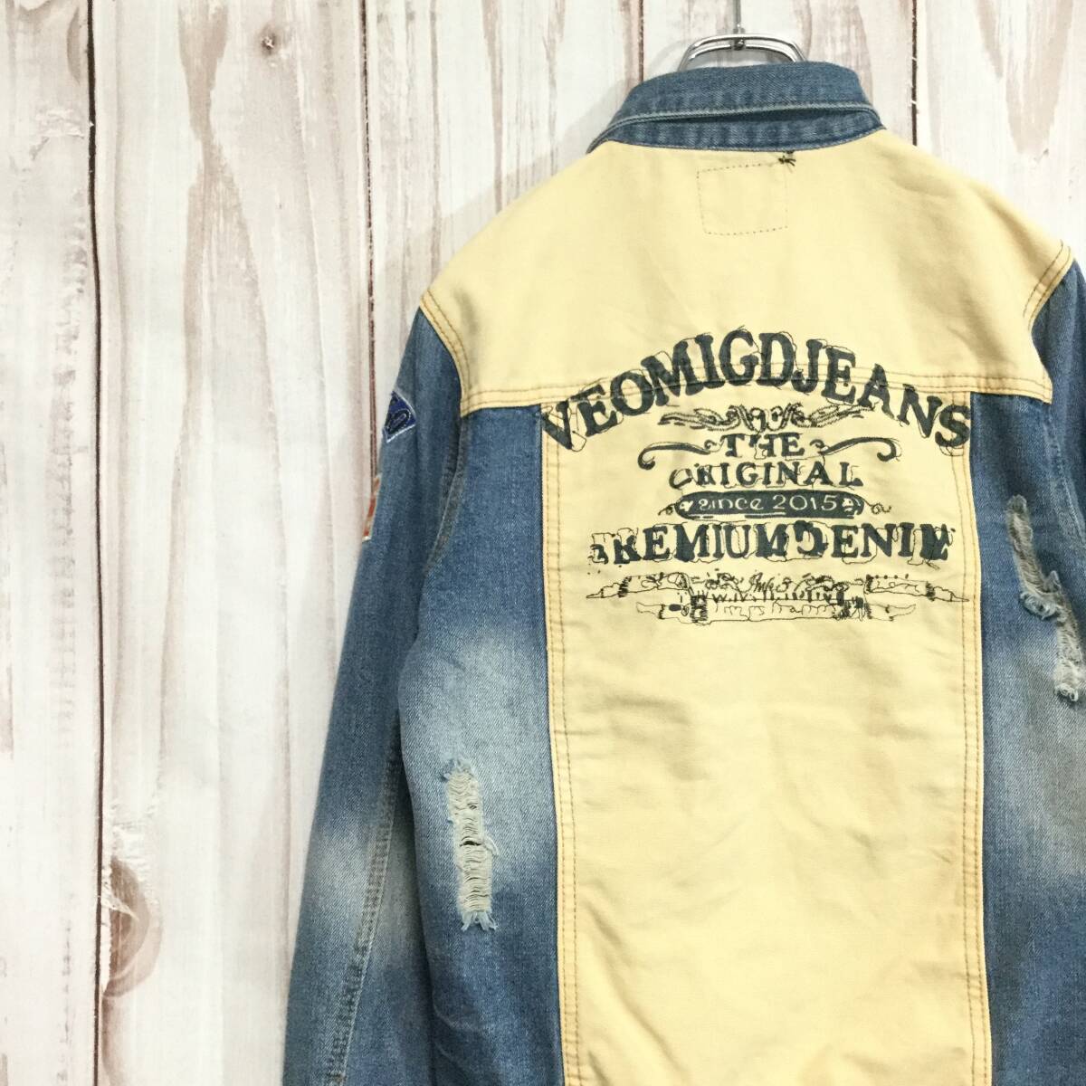 Denim jacket  Patch Damage processing Switching M blue long sleeve old clothe-image
