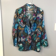 vintage blazer jewel tones large tropical foral print light weight sz 9-10