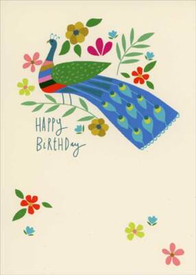 RSVP Peacock and Flowers on Cream Birthday Card
