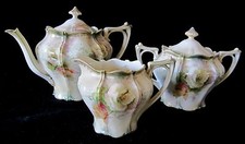 Superb Antique Art Nouveau RS Prussia Roses Tea Set White Tiffany Satin Finish