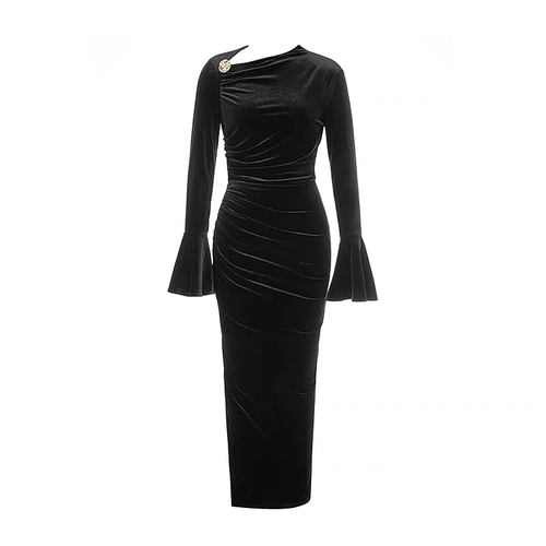 Damen Samtkleid Stehkragen Schlagärmel Midikleid Plissee Abendkleid - Bild 4 von 12