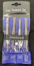 4-pc Tweezers Set - Stainless Steel - All in a Reusable Sectioned Pouch