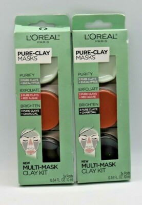 2x Loreal Pure Clay Masks Multi Mask Kit 3 Pods Purify Exfoliate Brighten 0.34oz
