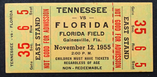 1955 Vintage TENNESSEE vs UF GATORS Football Ticket Stub GAINESVILLE FLORIDA - Afbeelding 1 van 2