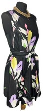 NINE WEST Black Floral Pleated Fit & Flare Sash Sleeveless Lined Dress Uk 12