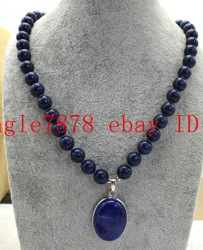 Natural Blue Lapis Lazuli Drop Pendant Necklace - 8mm Round Beads, 18" Handmade AAA Quality