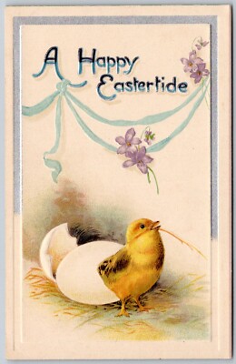 Postcard A Happy Eastertide Chick Hatching From Egg Embossed HE12
