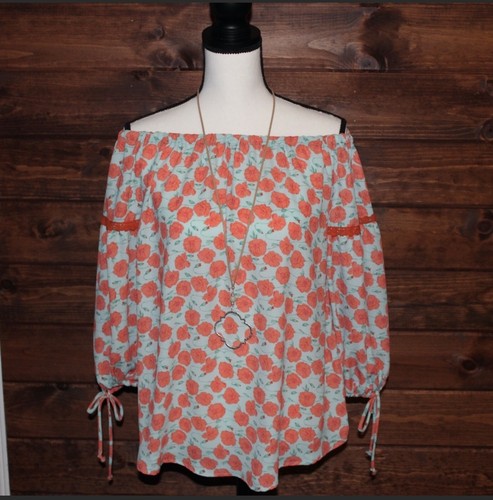 Women's Floral Print Off Shoulder Top Coral Mint Large Boutique ~ Brand New