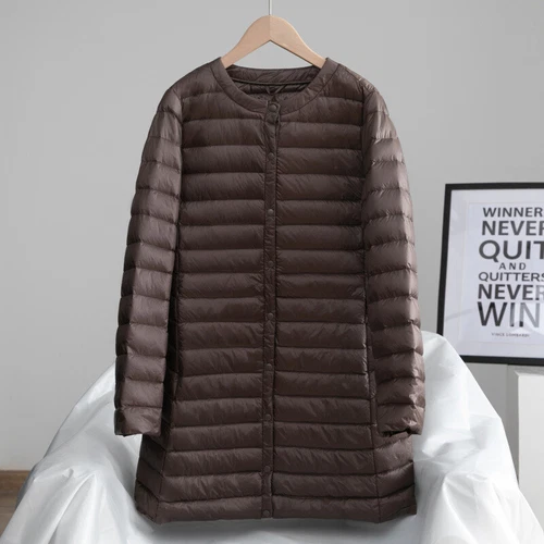 Chaqueta acolchada acolchada ligera para mujer cuello redondo calce ajustado prendas exteriores Parka - Imagen 20 de 24