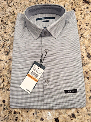 Perry Ellis Men's Cotton Dobby Check Long Slv Dress Shirt Navy size S 14.5 32/33