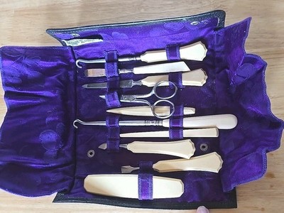Antique 11 Piece Traveling Dressing Vanity Set Leather Case Celluloid Handles