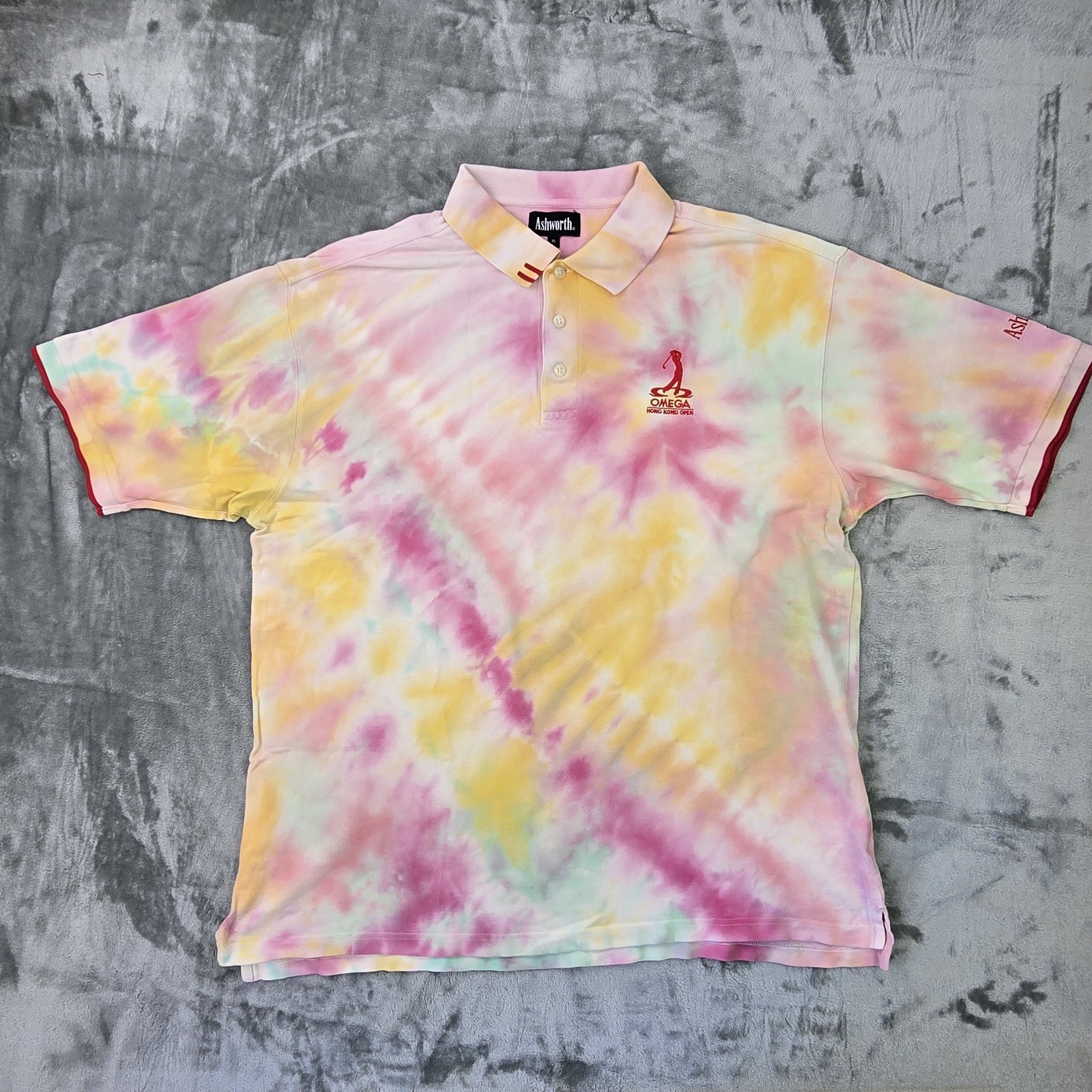 Ashworth Golf Polo Shirt Mens XL Tie Dye Pink Yellow Green Omega Hong Kong