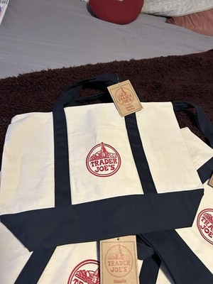 Trader Joe's Canvas Reusable Tote Bag, Beige & Navy Blue, Lot of 3