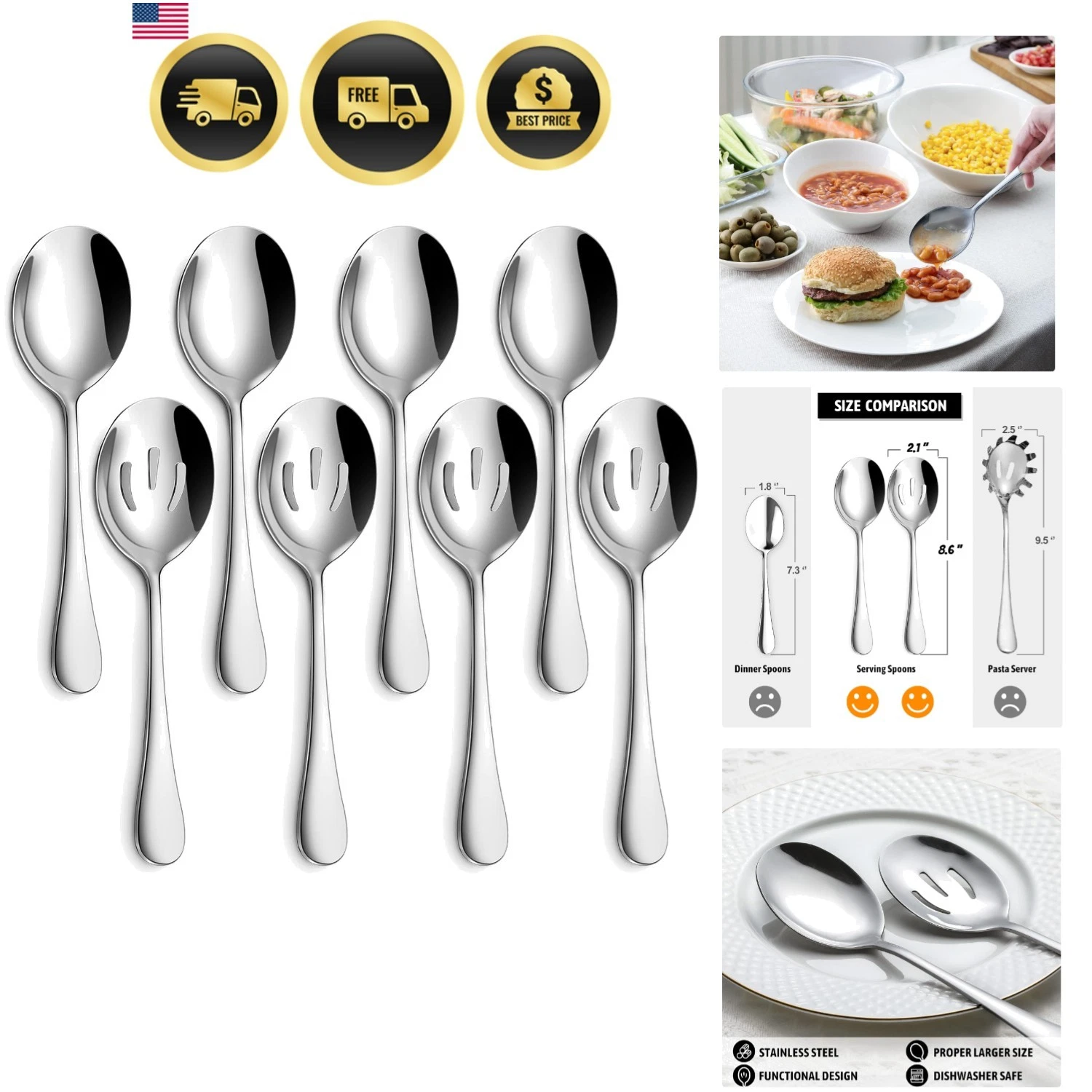 8-Piece Serving Set - Includes 4 Spoons and 4 Slotted Spoons, 18/8 Stainless ...