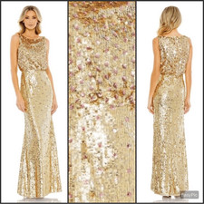NWT Mac Duggal 93645 Gold Sequined 1398 Sleeveless High Neck Dress Gown Size 10