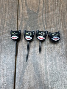 Vintage Cake Cupcake Decor Pick Black Cat Red Nose Smiling  Lot Of 4