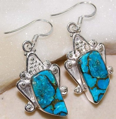 Natürliche Kupfer Türkis 925 Sterling Silber Ohrringe Schmuck @B15-9