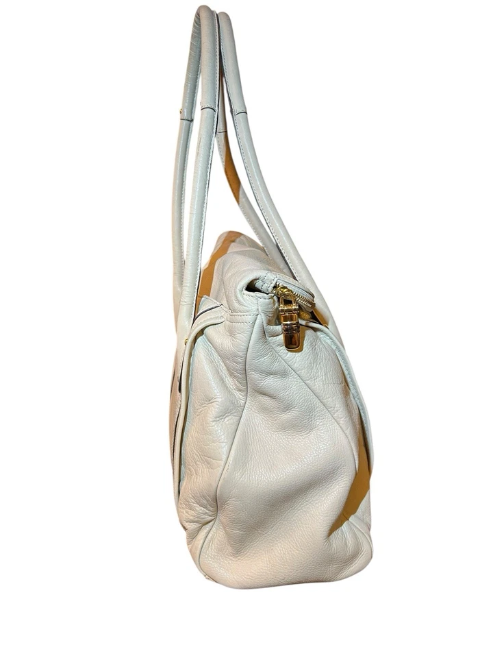 B Makowsky Rockefeller Large Leather Handbag Satchel Ivory Purple Flap Turn Lock - Image 3 of 4