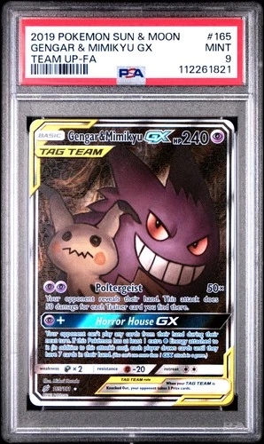 2019 POKEMON SUN & MOON TEAM UP #165 FULL ART/GENGAR & MIMIKYU GX PSA 9
