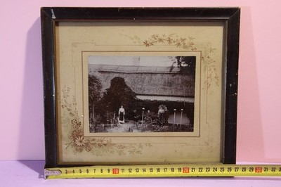 Antique Framed Photograph c.1900 Family Garden Scene Floral Mount Black Wood Fra