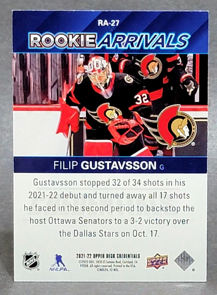 2021-22 Upper Deck Credentials Rookie Arrivals #RA-27 Filip Gustavsson - Image 2 of 2
