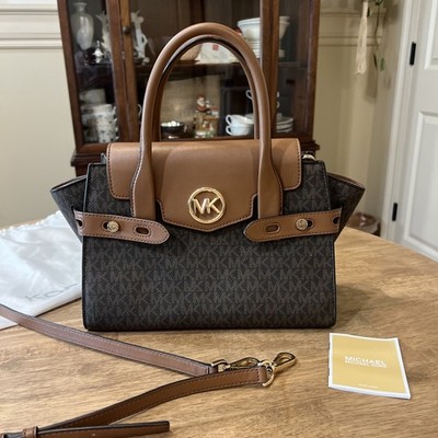 Michael Kors Carmen Medium Logo & Faux Leather Belted Satchel Brown w/ Dust Bag